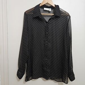 Chicos Polka Dot Black Sheer Longsleeve Button Shirt Size Large
